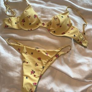 Floral Yellow Tanga Shein Bikini Set Small Medium